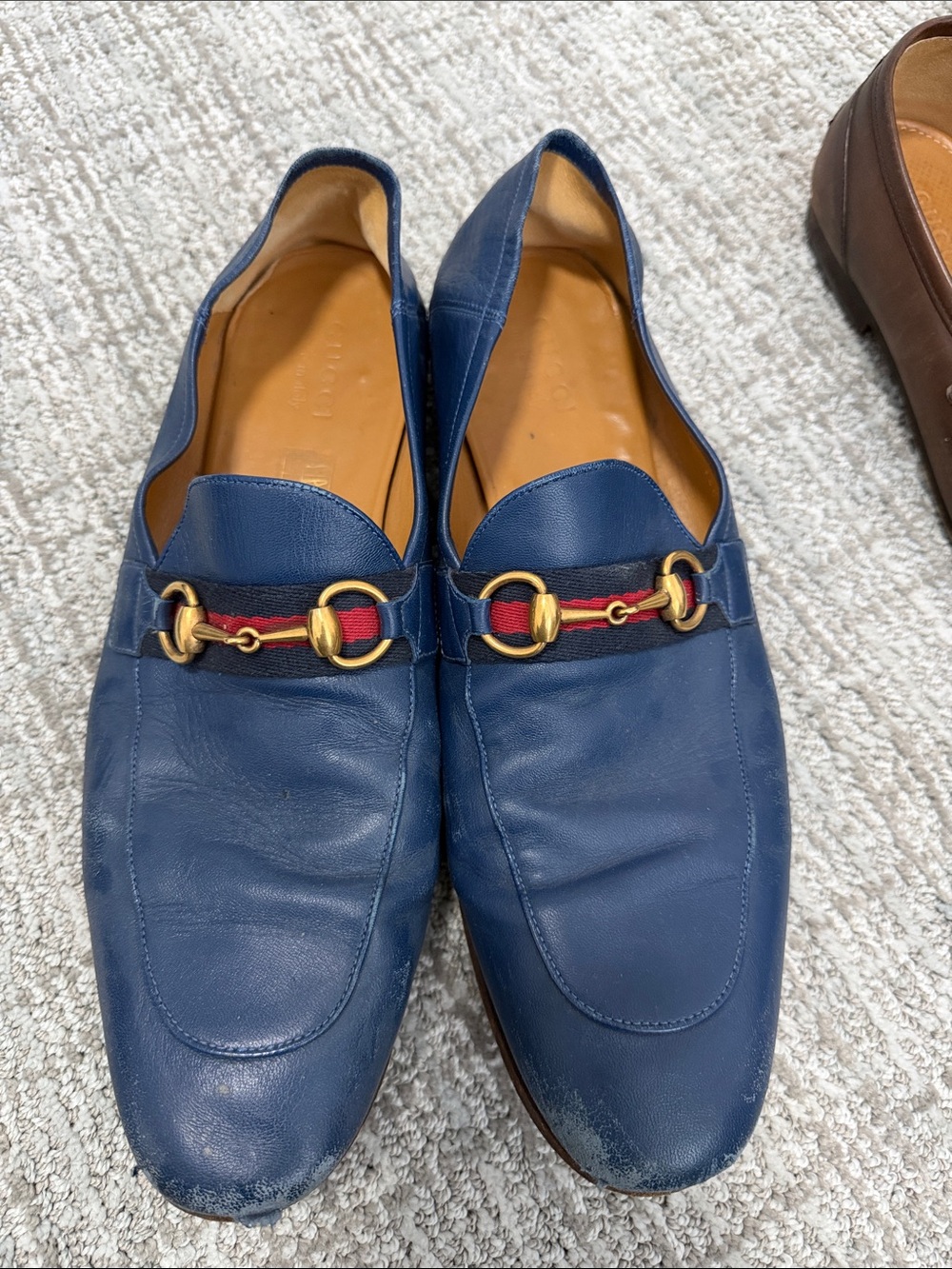 Gucci Navy Leather Slip-On Loafers with Gold Horsebit and Red/Green Webbing